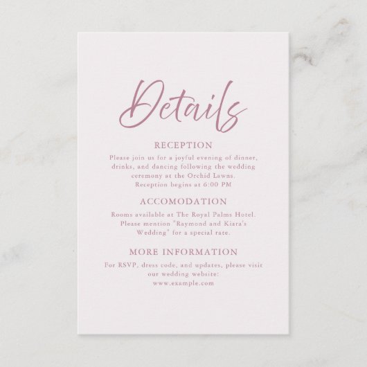 Moderne Minimal Dusty Pink Script Wedding Details Informatiekaartje (Voorkant)