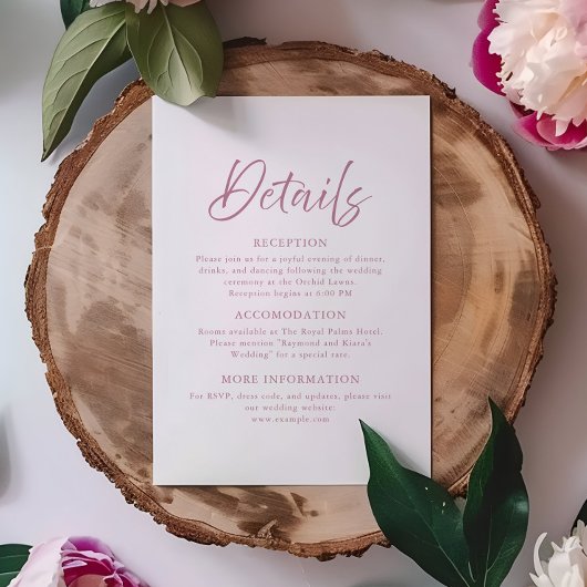 Moderne Minimal Dusty Pink Script Wedding Details Informatiekaartje