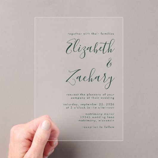 Moderne Minimal Emerald Green Script Wedding Acryl Uitnodigingen (Insitu (Draagbaar))