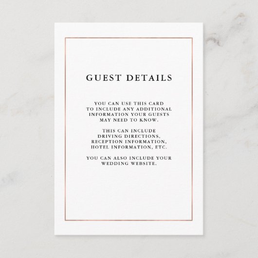 Moderne minimal Faux Roos Gold Border Gast Details Informatiekaartje (Voorkant)