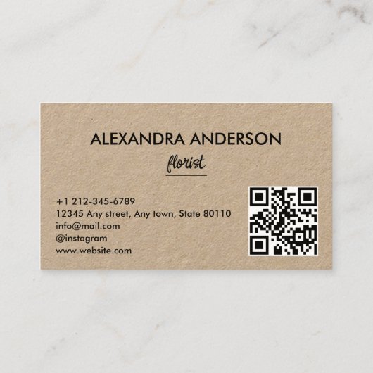 Moderne Minimal Floral Kraft Script QR-code Visitekaartje (Achterkant)