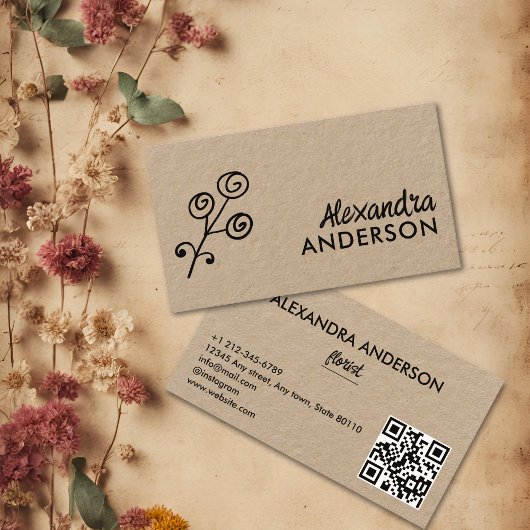 Moderne Minimal Floral Kraft Script QR-code Visitekaartje