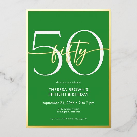 Moderne Minimal Green Fifty Script Verjaardag Folie Uitnodiging (Voorkant)