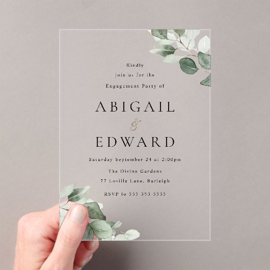 Moderne Minimal Green Leaf Engagement Party Acryl Uitnodigingen (Insitu (Draagbaar))