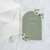 Moderne Minimal Green Leaf Sage Arch Wedding Acryl Uitnodigingen