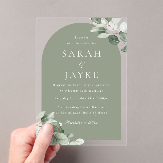 Moderne Minimal Green Leaf Sage Arch Wedding Acryl Uitnodigingen (Insitu (Draagbaar))