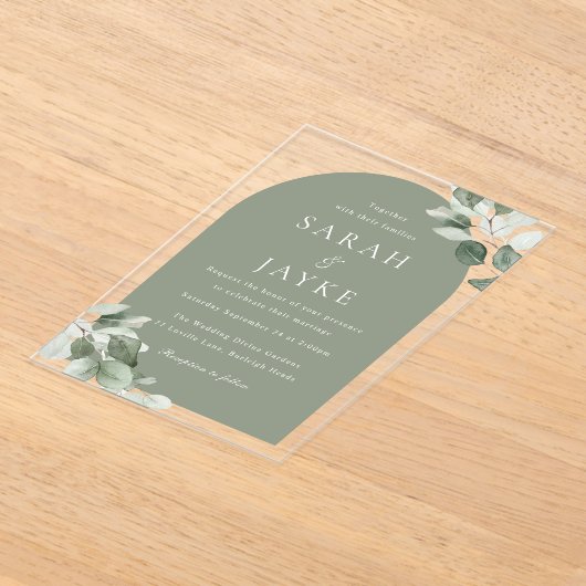 Moderne Minimal Green Leaf Sage Arch Wedding Acryl Uitnodigingen (Laagn)