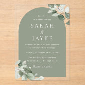 Moderne Minimal Green Leaf Sage Arch Wedding Acryl Uitnodigingen (Voorkant)