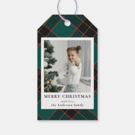 Moderne Minimal Green Plaid Kerstmis Familie Foto Cadeaulabel