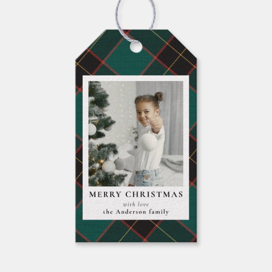 Moderne Minimal Green Plaid Kerstmis Familie Foto Cadeaulabel (Voorkant)