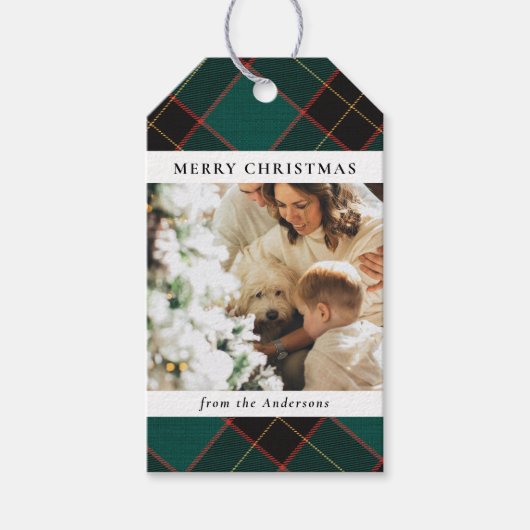 Moderne Minimal Green Plaid Kerstmis Familie Foto Cadeaulabel (Voorkant)