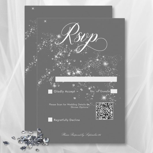 Moderne Minimal Grijs & Wit Glam Diamanten QR Code RSVP Kaartje