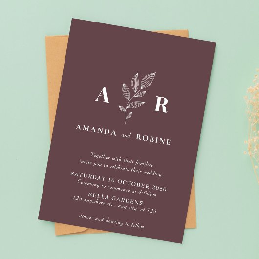 Moderne Minimal Leaf Monogram Huwelijksuitnodiging Kaart