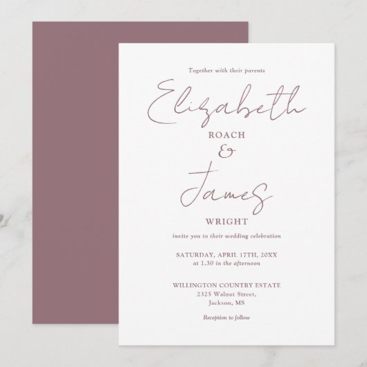 Moderne Minimal Mauve Elegant Script Wedding Kaart (Voorkant / Achterkant)