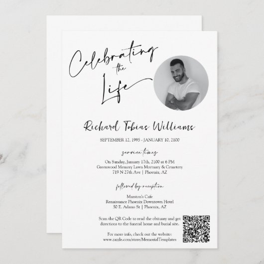 Moderne Minimal Memorial begrafenis foto QR-code Kaart (Voorkant / Achterkant)