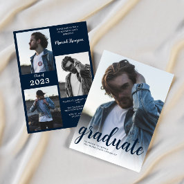 Moderne Minimal Navy Blue Photo Graduation Party Kaart