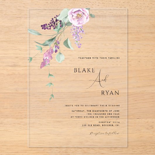 Moderne Minimal Paarse, Mauve en Pastel Bloemen Acryl Uitnodigingen (Voorkant)