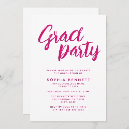 Moderne Minimal Pink Brush Script Graduation Party Kaart (Voorkant / Achterkant)