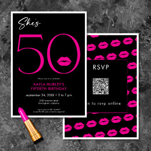 Moderne Minimal Pink Lips She's Fifty Birthday QR Kaart