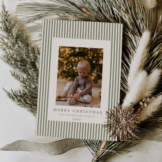 Moderne Minimal Pinstripe Kerstfoto Feestdagenkaart