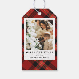 Moderne Minimal Red Plaid Kerstfoto Cadeaulabel