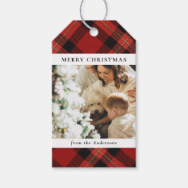 Moderne Minimal Red Plaid Kerstfoto Cadeaulabel