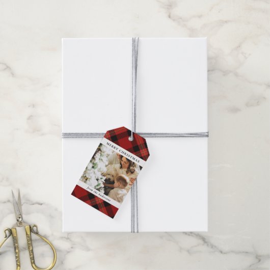 Moderne Minimal Red Plaid Kerstfoto Cadeaulabel (Met Touw)