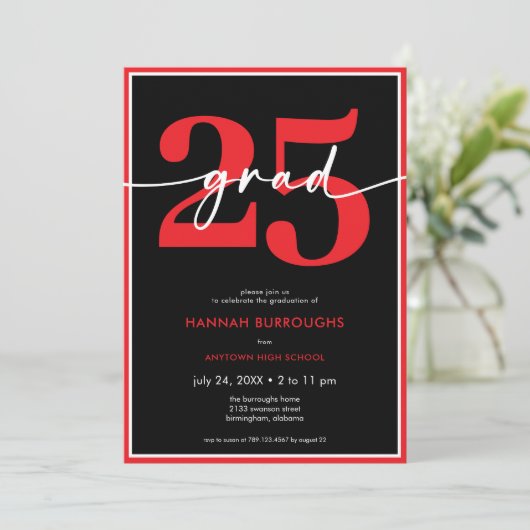 Moderne Minimal Red Script Graduation Party Kaart (Staand voorkant)