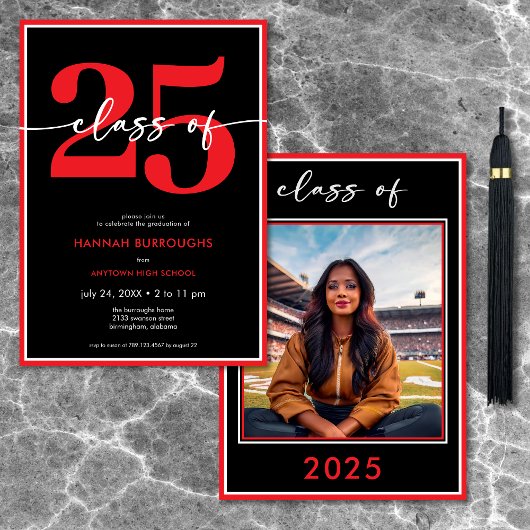 Moderne Minimal Red Script Graduation Party Kaart