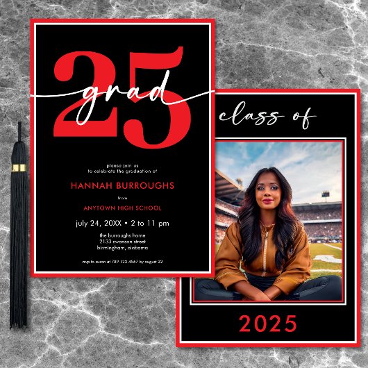 Moderne Minimal Red Script Graduation Party Kaart