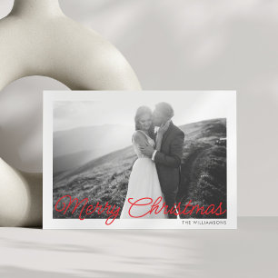 Moderne Minimal Red Script Kerst bruiloft foto Feestdagenkaart