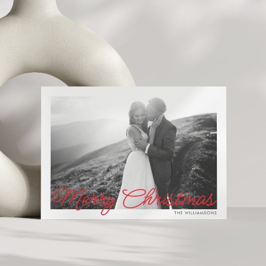 Moderne Minimal Red Script Kerst bruiloft foto Feestdagenkaart