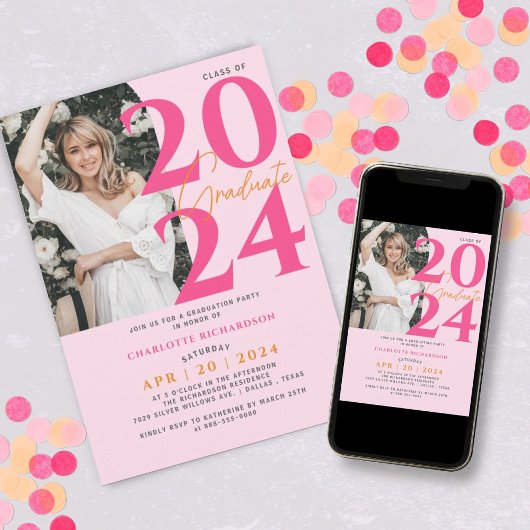 Moderne minimal roze Afstuderen fotouitnodiging Kaart