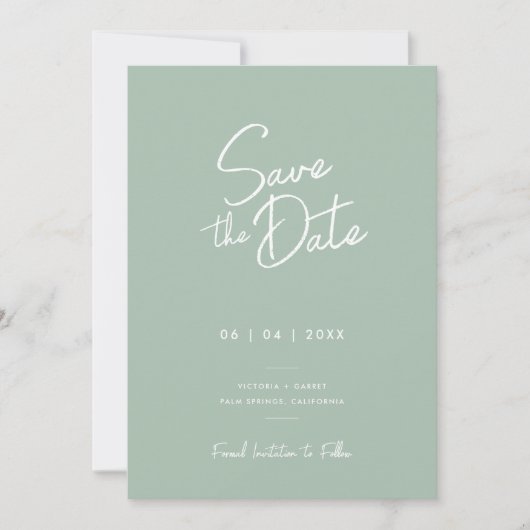 Moderne Minimal Sage Groen Script Foto Huwelijk Save The Date (Voorkant)