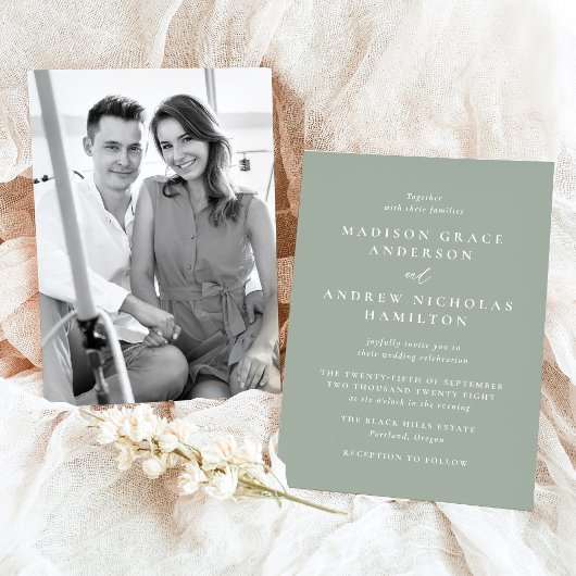 Moderne Minimal Sage Groene Fotobruiloft Kaart