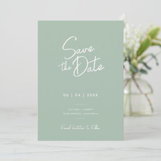 Moderne Minimal Sage Groene Script Foto Huwelijk Save The Date (Staand voorkant)