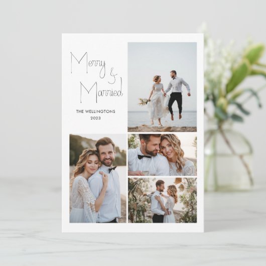 Moderne Minimal Script Multi Foto Huwelijk Feestdagenkaart (Staand voorkant)
