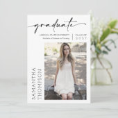 Moderne Minimal Script Twee Foto Afstudeerfeest Kaart (Staand voorkant)