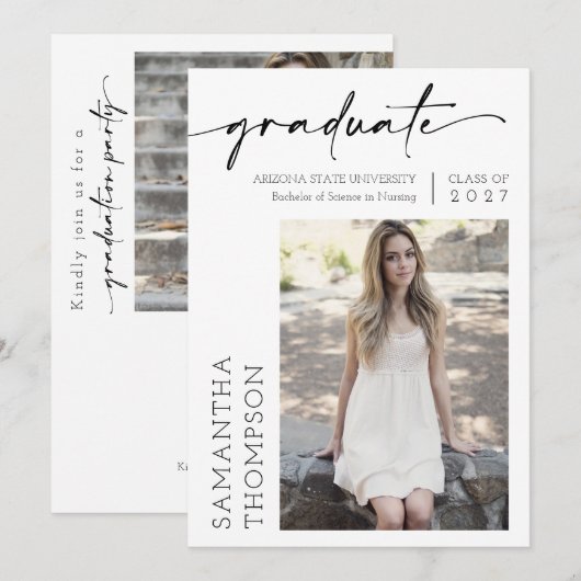 Moderne Minimal Script Twee Foto Afstudeerfeest Kaart (Voorkant / Achterkant)