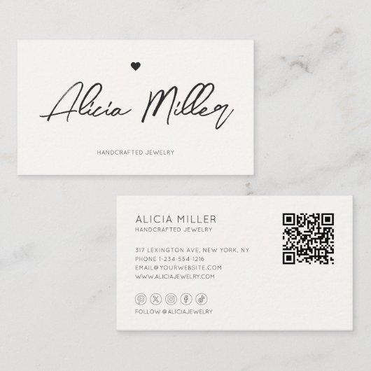 Moderne Minimal Simple Handgeschreven QR Code Hear Visitekaartje (Voorkant / Achterkant)