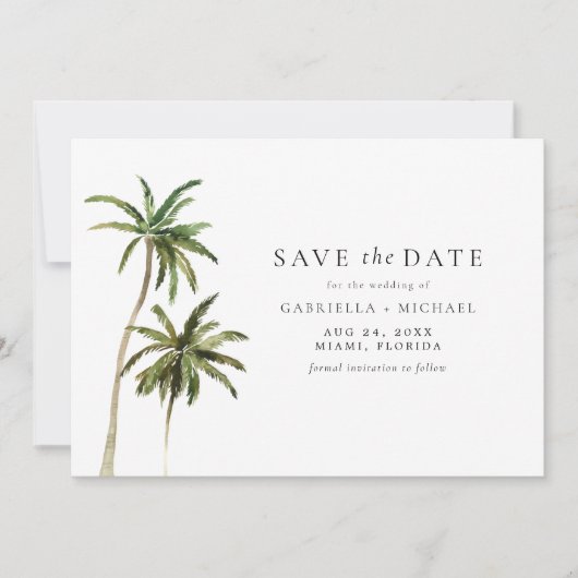 Moderne Minimal Tropical Beach Palm Save the Date Kaart (Voorkant)