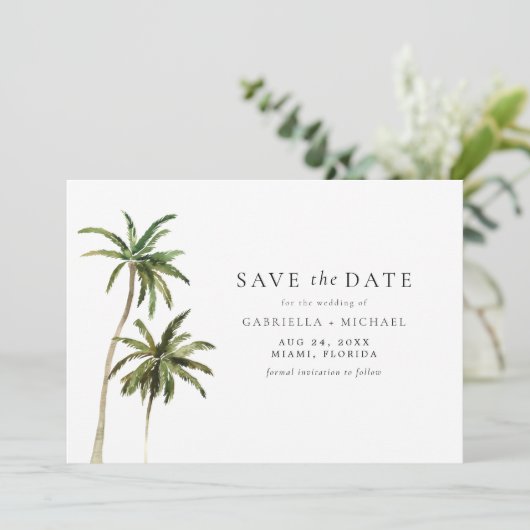 Moderne Minimal Tropical Beach Palm Save the Date Kaart (Staand voorkant)