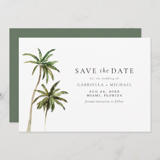 Moderne Minimal Tropical Beach Palm Save the Date Kaart (Voorkant / Achterkant)