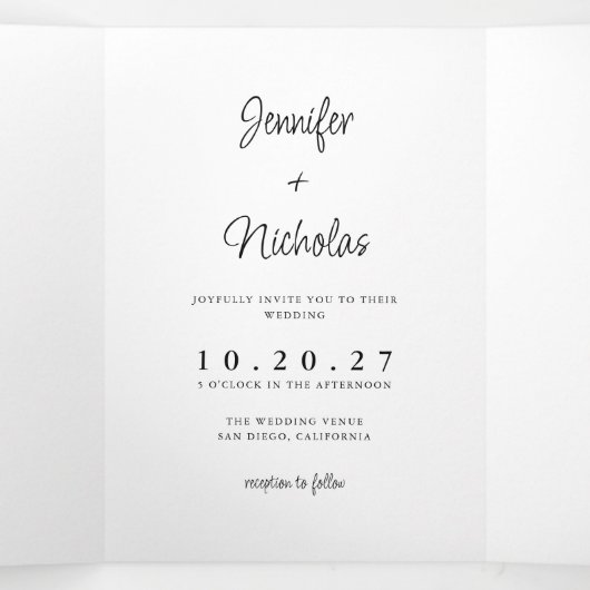 Moderne Minimal Wedding RSVP Details QR Code Foto Drieluik Uitnodiging (Binnenkant midden)