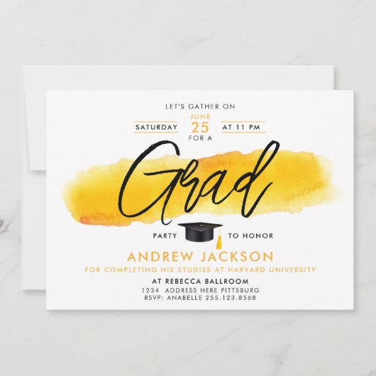 Moderne Minimal Yellow Black Afstudeerder Party Wa Kaart (Voorkant)