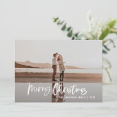 Moderne, minimale 1 foto blauw script kerst feestdagenkaart (Staand voorkant)