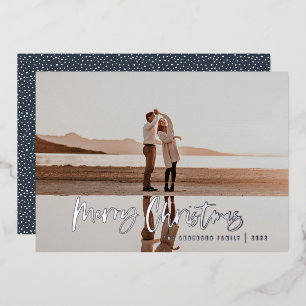 Moderne, minimale 1 foto blauw script kerst folie feestdagenkaart