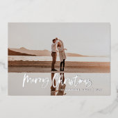 Moderne, minimale 1 foto blauw script kerst folie feestdagenkaart (Voorkant)