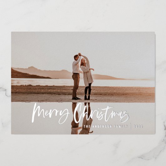 Moderne, minimale 1 foto blauw script kerst folie feestdagenkaart (Voorkant)