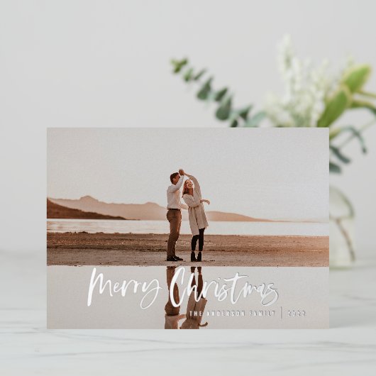 Moderne, minimale 1 foto blauw script kerst folie feestdagenkaart (Staand Voorkant)